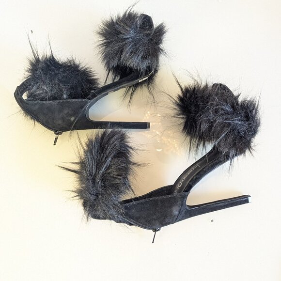 Jeffrey Campbell Black Faux Fur Cookie Heels Open Toe Stiletto Fuzzy Y2K 7.5 - Picture 5 of 11